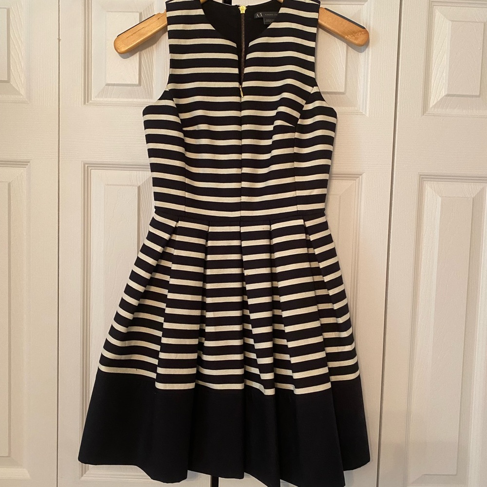 Armani Exchange Black and White Striped Fit-and-Flare Mini Dress